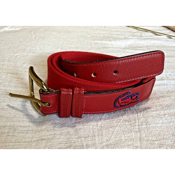 VINTAGE 80s Lacoste Belt Men Size 36 Red Leather Cotton Elastic Stretch Preppy - Picture 2 of 16